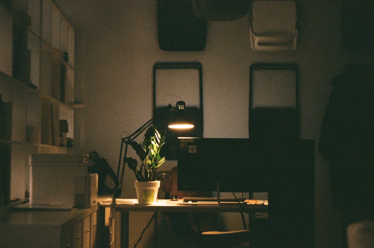 Cozy workspace featuring a desk lamp and a potted plant, creating a modern and dark ambiance.